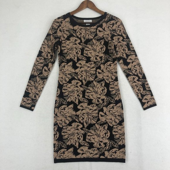 Carmen Marc Valvo Women's Size Small Black Brown Printed Knit Sweater Mini Dress - Picture 1 of 8